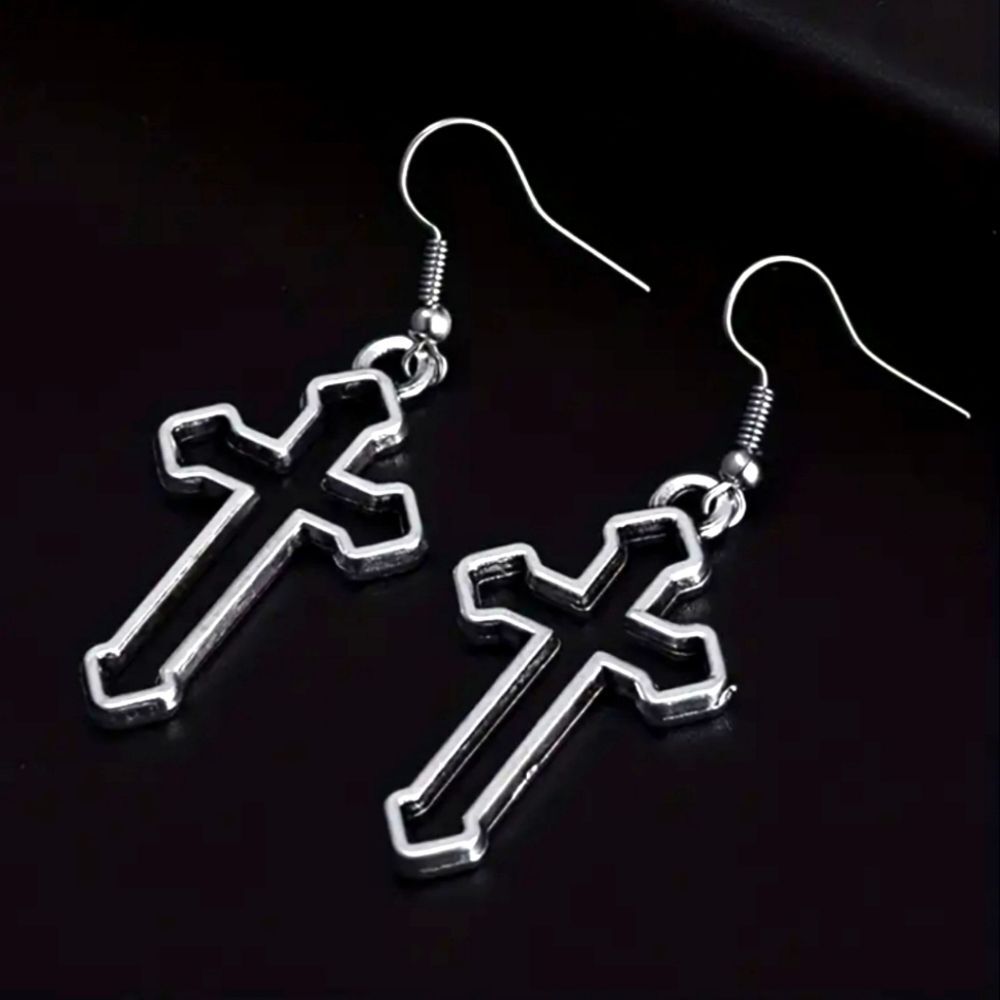 Hollowed out cross earrings Silver crucifix earrings
